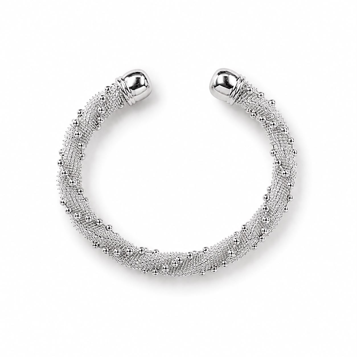 Elegant 18K Gold Filled textured cuff bracelet featuring woven mesh detailing with polished beaded accents. Lightweight, tarnish resistant and perfect for everyday wear.