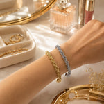 Elegant 18K Gold Filled textured cuff bracelet featuring woven mesh detailing with polished beaded accents. Lightweight, tarnish resistant and perfect for everyday wear.