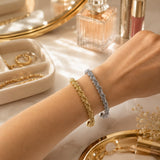Elegant 18K Gold Filled textured cuff bracelet featuring woven mesh detailing with polished beaded accents. Lightweight, tarnish resistant and perfect for everyday wear.