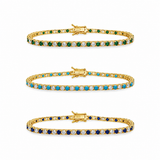 Elegant 3mm CZ tennis necklace with alternating colored and clear bezel stones. Available in gold filled and silver-tone finishes. Perfect for layering or everyday luxury styling.