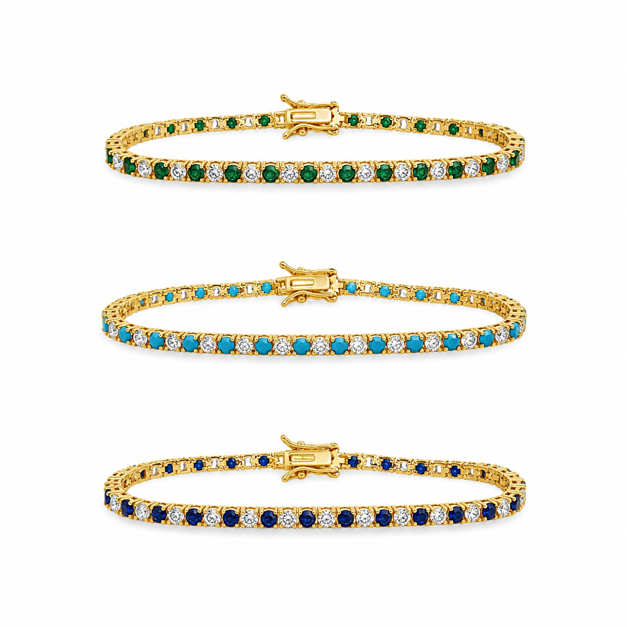 Elegant 3mm CZ tennis necklace with alternating colored and clear bezel stones. Available in gold filled and silver-tone finishes. Perfect for layering or everyday luxury styling.