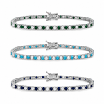 Elegant 3mm CZ tennis necklace with alternating colored and clear bezel stones. Available in gold filled and silver-tone finishes. Perfect for layering or everyday luxury styling.
