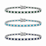 Elegant 3mm CZ tennis necklace with alternating colored and clear bezel stones. Available in gold filled and silver-tone finishes. Perfect for layering or everyday luxury styling.