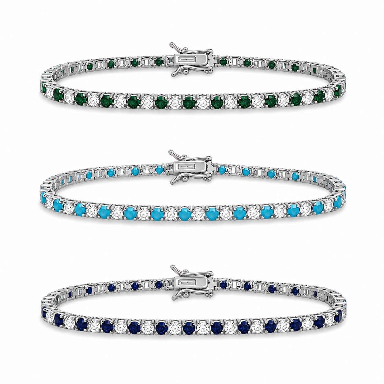 Elegant 3mm CZ tennis necklace with alternating colored and clear bezel stones. Available in gold filled and silver-tone finishes. Perfect for layering or everyday luxury styling.