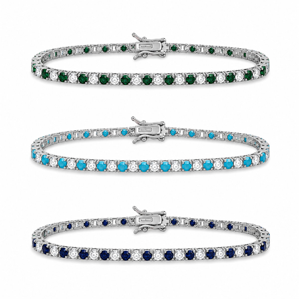 Elegant 3mm CZ tennis necklace with alternating colored and clear bezel stones. Available in gold filled and silver-tone finishes. Perfect for layering or everyday luxury styling.