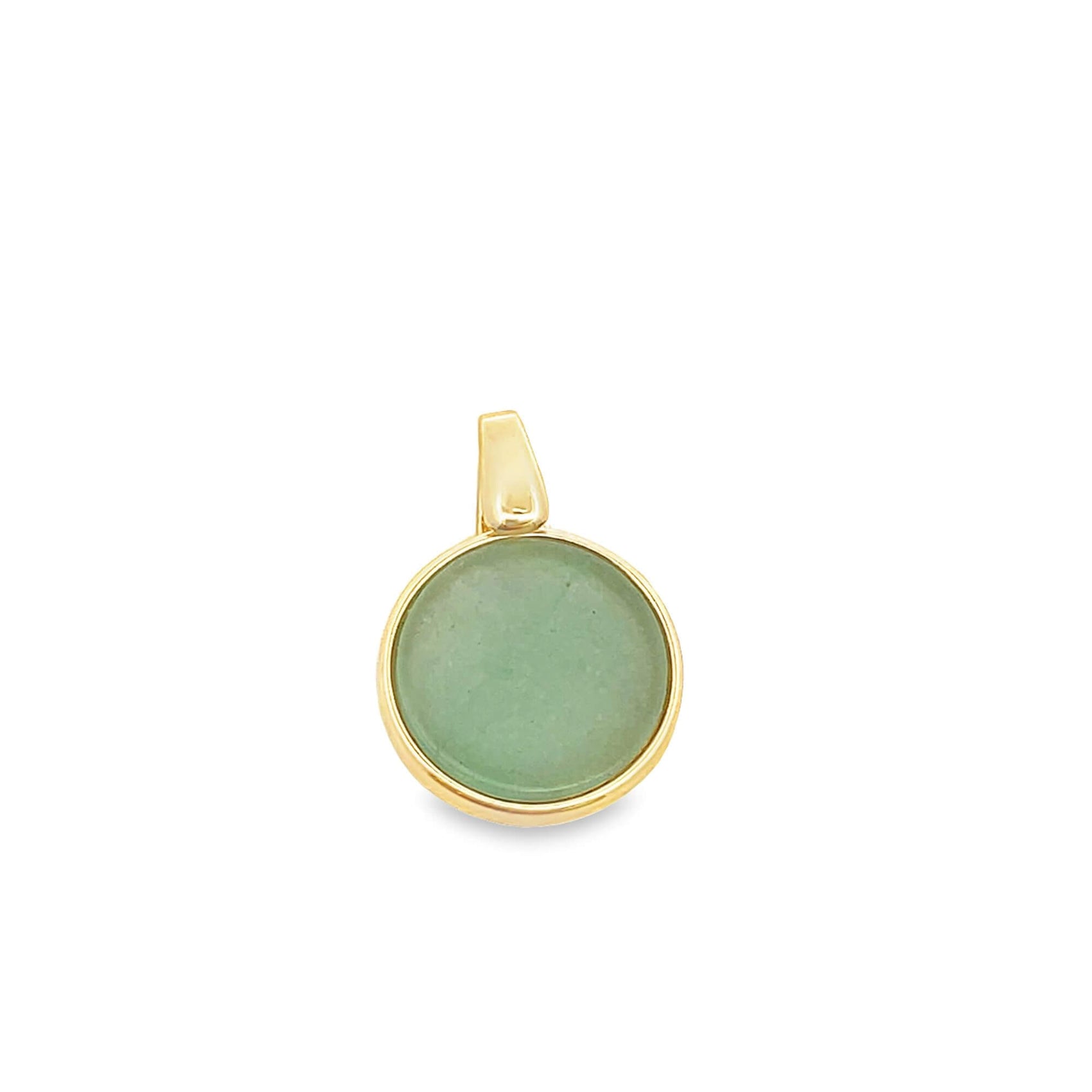A round gold pendant features a smooth green gemstone centered against a clean white background.