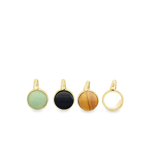 Four round gold pendants with interchangeable gemstone inserts—green aventurine, black onyx, tiger's eye, and mother-of-pearl—line up neatly on a white background.