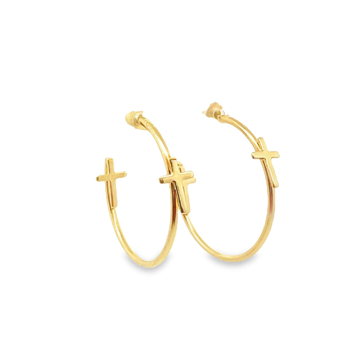 A pair of polished gold hoop earrings features hanging cross charms against a clean white background.
