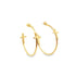 A pair of polished gold hoop earrings features hanging cross charms against a clean white background.