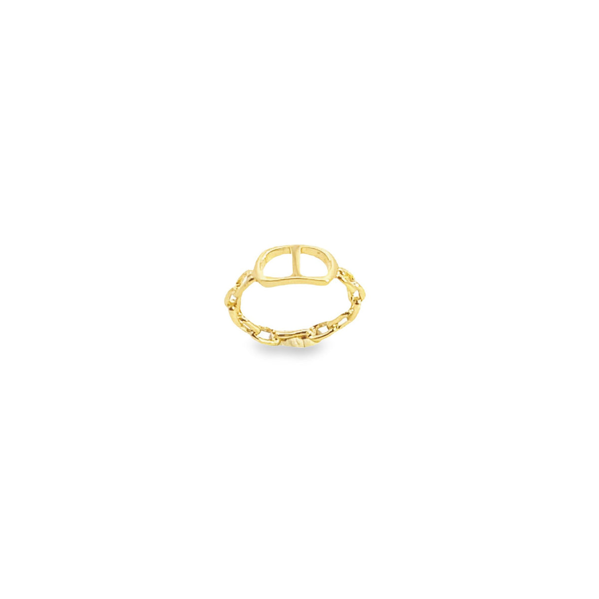 A delicate gold ring featuring a geometric horsebit motif resting on a dainty chain band.