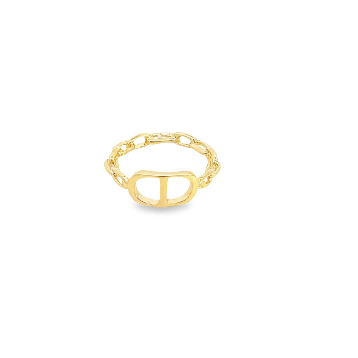 A sleek gold chain ring features a distinctive geometric centerpiece against a clean white background.
