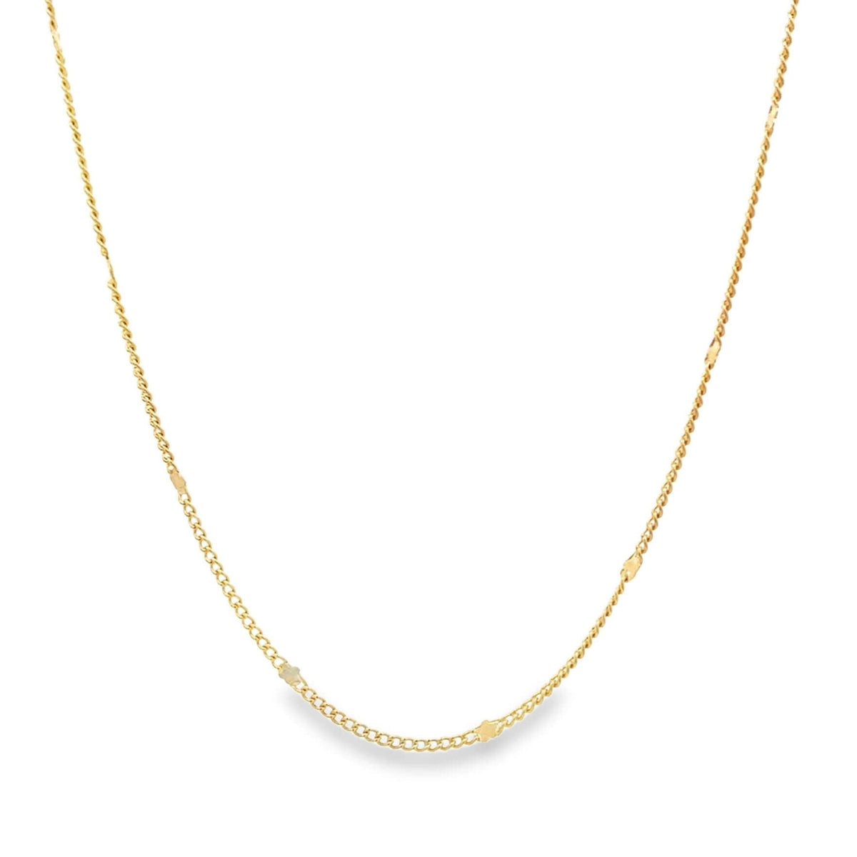 A delicate gold chain necklace displays a subtle, intertwined design against a plain white background.