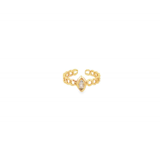A gold open-band ring features a chain-link design centered with a marquise-cut crystal gemstone.