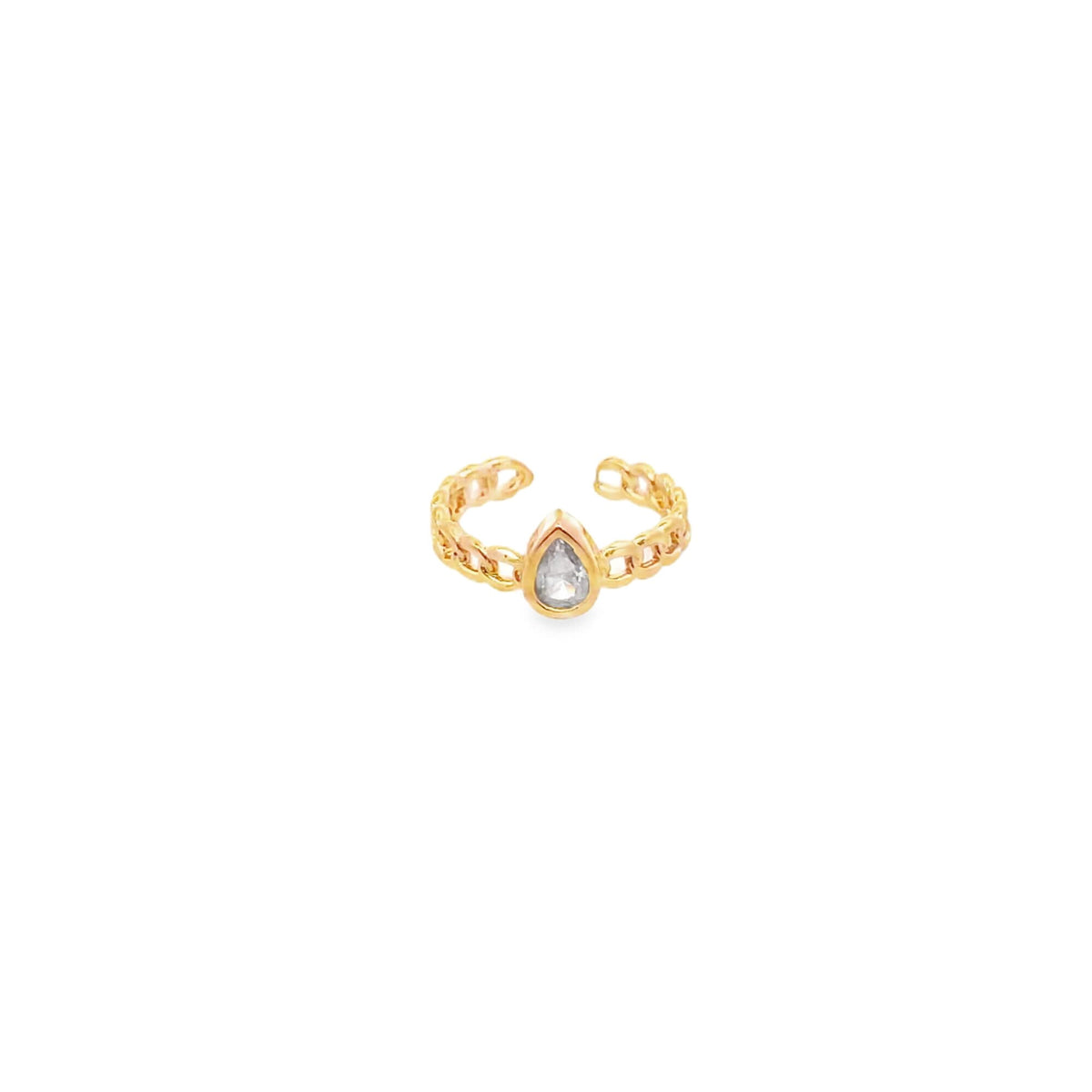 A delicate gold chain ring features a teardrop-shaped diamond focal point.