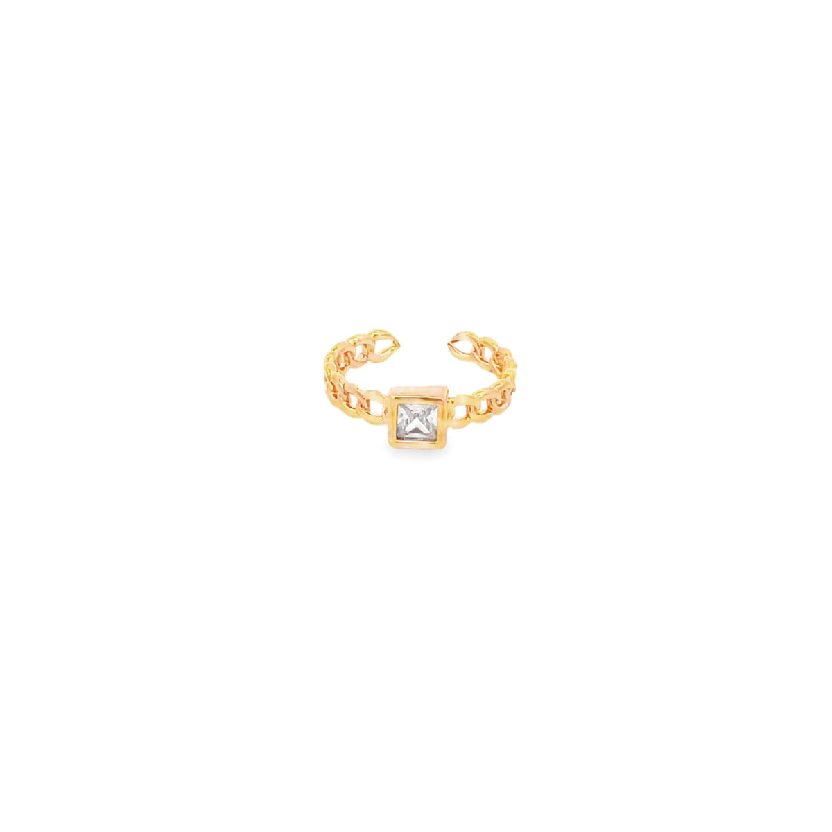 A dainty gold chain ring features an adjustable open band centered with a sparkling square crystal.