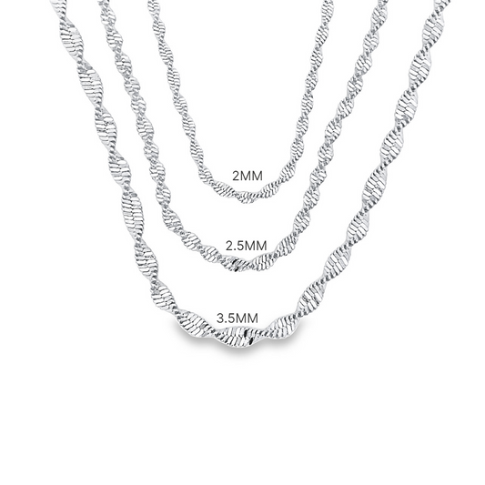 Three sparkling sterling silver Singapore chains display different widths of 2mm, 2.5mm, and 3.5mm against a clean white background.