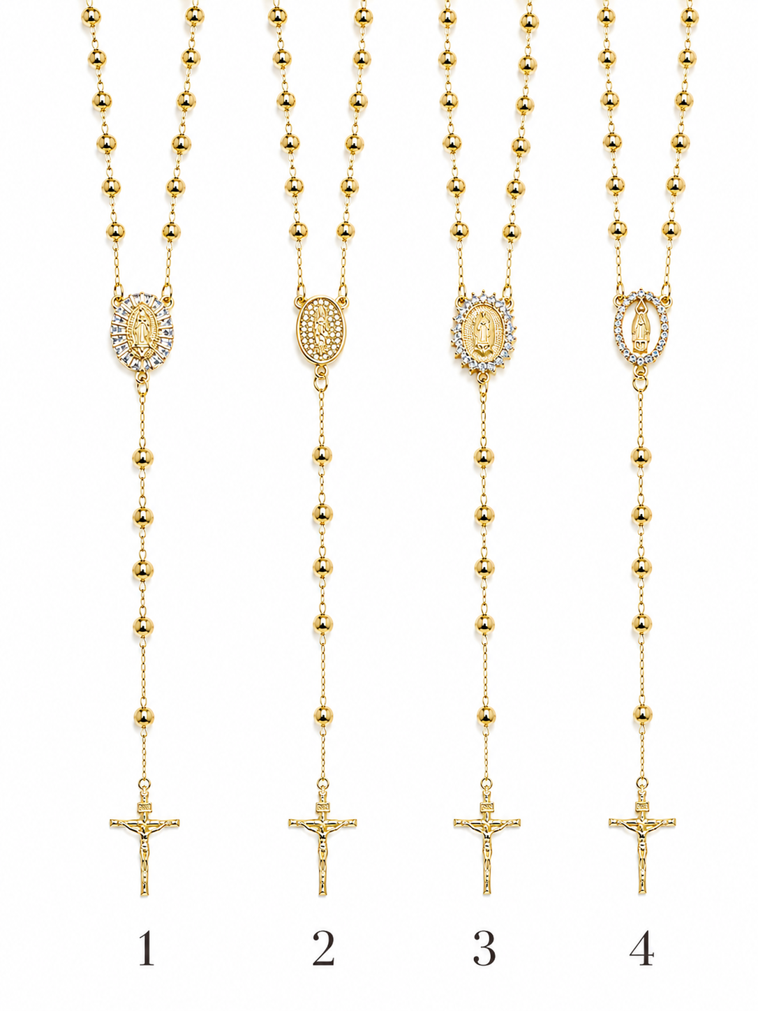 Elegant Catholic rosary necklace crafted in 18K gold filled finish featuring cross pendants and religious medal styles including Saint Jude and Guadalupe. A timeless faith-inspired necklace perfect for layering or everyday wear.