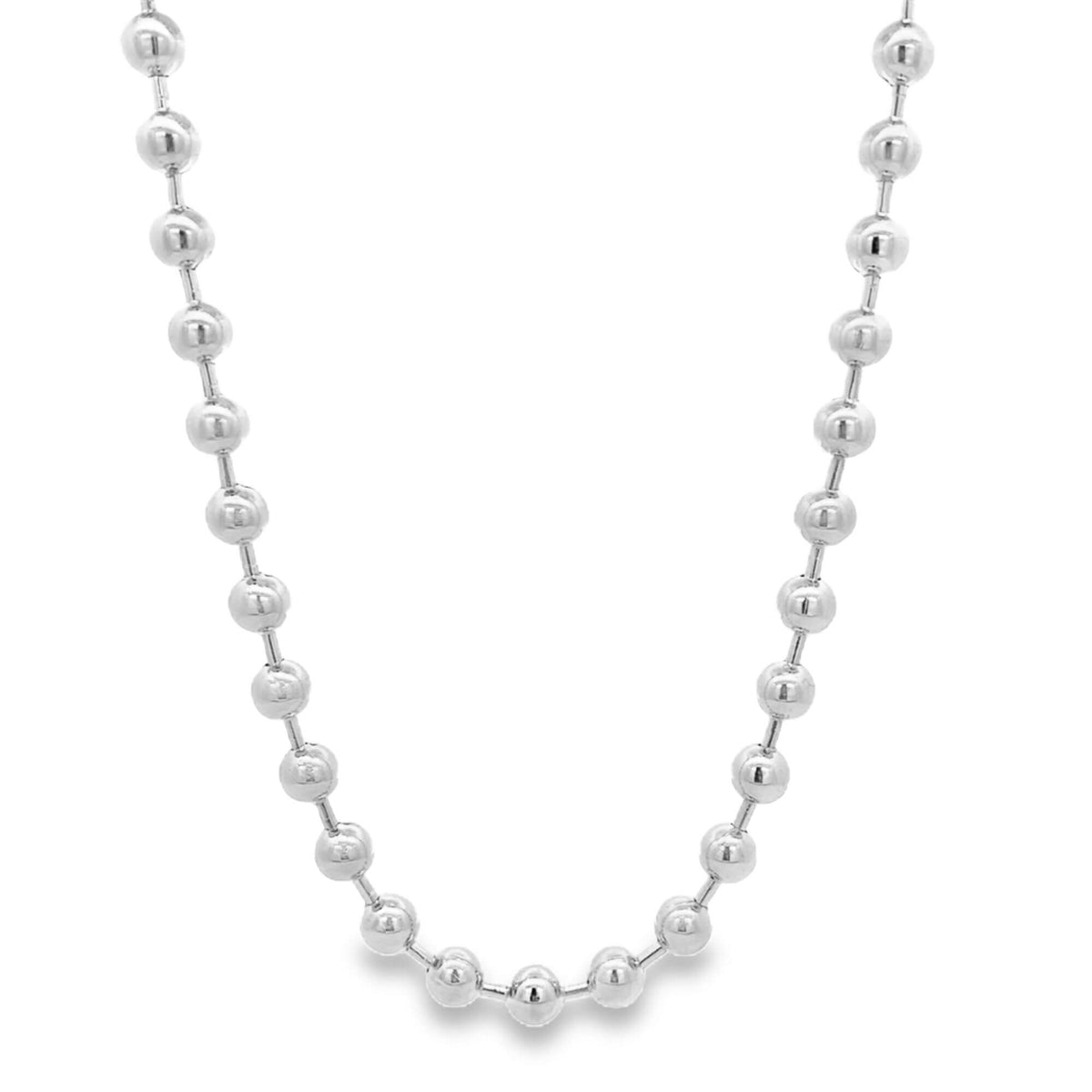 A polished silver ball chain necklace displays evenly spaced spherical beads against a clean white background.
