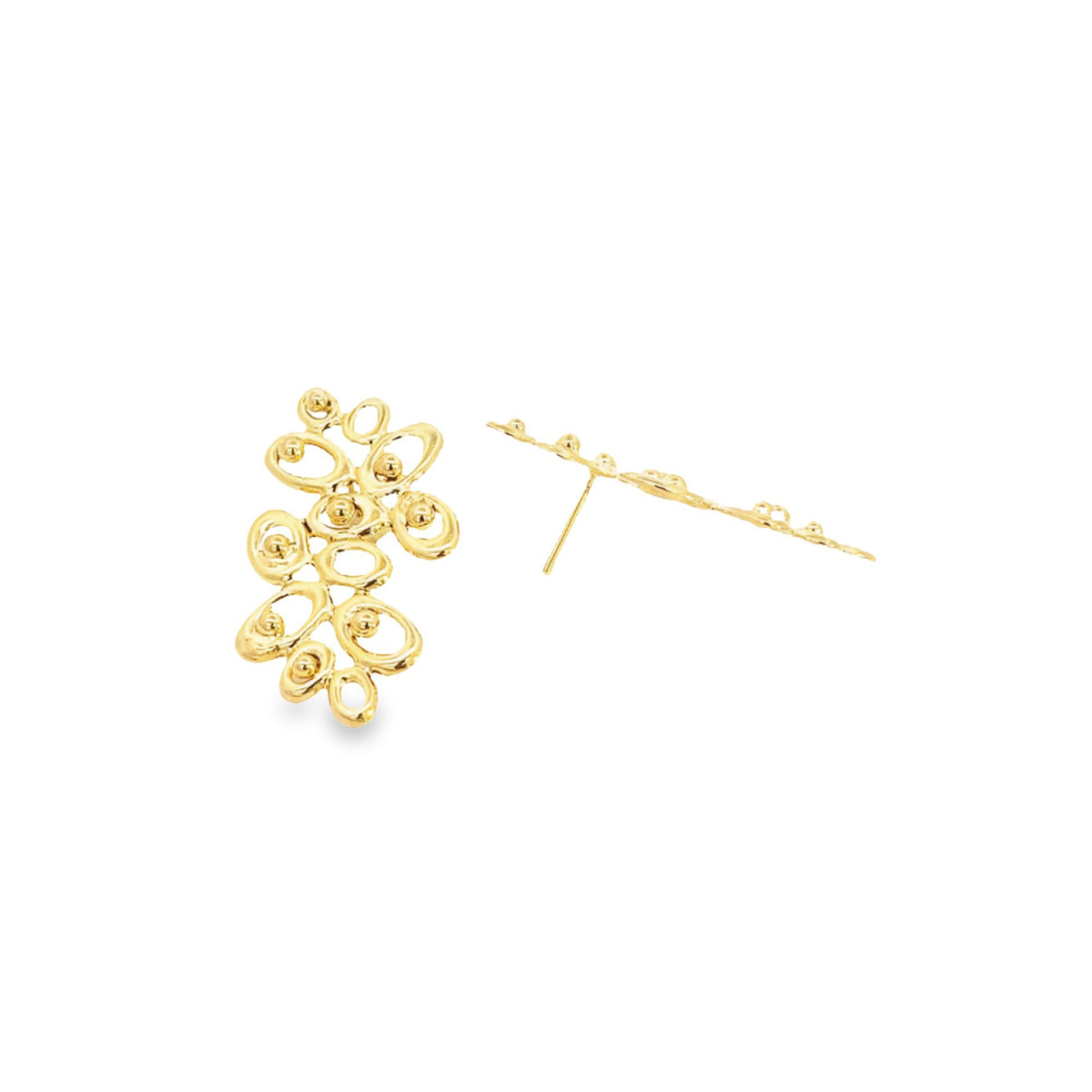 A pair of gold earrings featuring an intricate, openwork cluster design are displayed from the front and side against a plain white background.