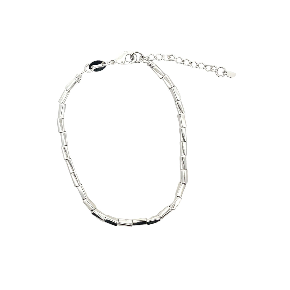 A silver metallic tube bead bracelet rests against a plain white background, featuring a secure lobster clasp and an adjustable extension chain.