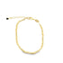 A gold link bracelet featuring cylindrical segments sits against a plain white background.