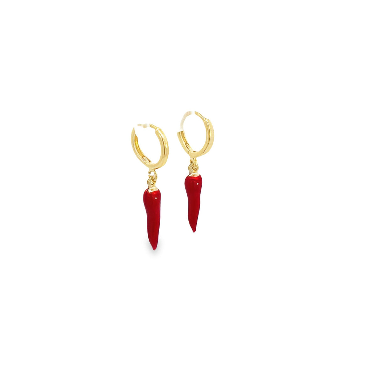 A pair of gold hoop earrings features dangling red chili pepper charms against a white background.