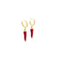 A pair of gold hoop earrings features dangling red chili pepper charms against a white background.