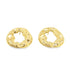 A pair of glossy gold earrings features an irregular, textured abstract shape against a white background.
