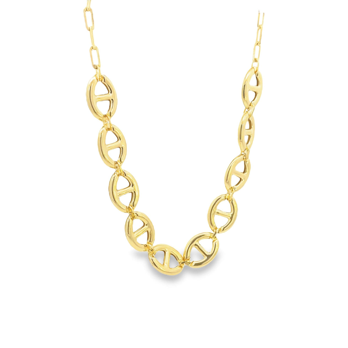 A chunky gold anchor link chain necklace features polished geometric links against a clean white background.