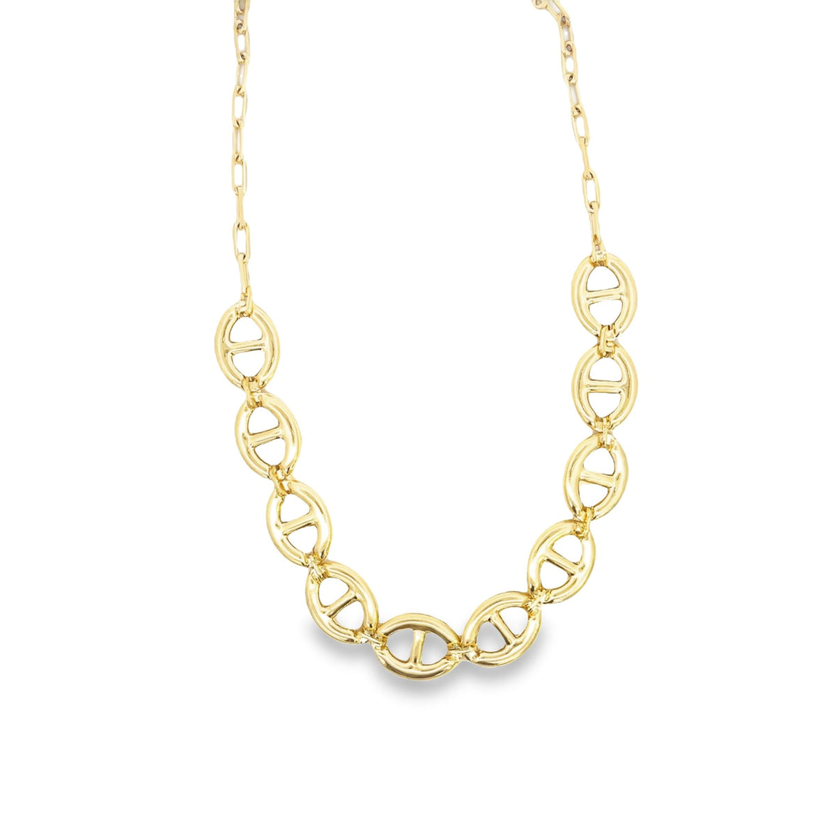 A glossy yellow gold link necklace features interlocking mariner-style oval links against a white background.