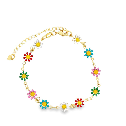 A delicate gold chain bracelet features vibrant, multicolored enamel daisy charms arranged along its length.