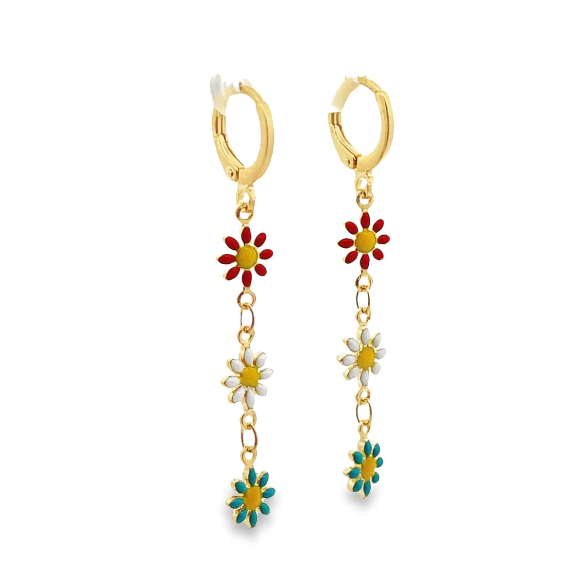 A pair of gold dangle hoop earrings features playful enamel flower charms in red, white, and turquoise.