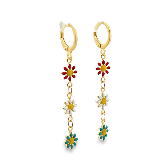A pair of gold dangle hoop earrings features playful enamel flower charms in red, white, and turquoise.