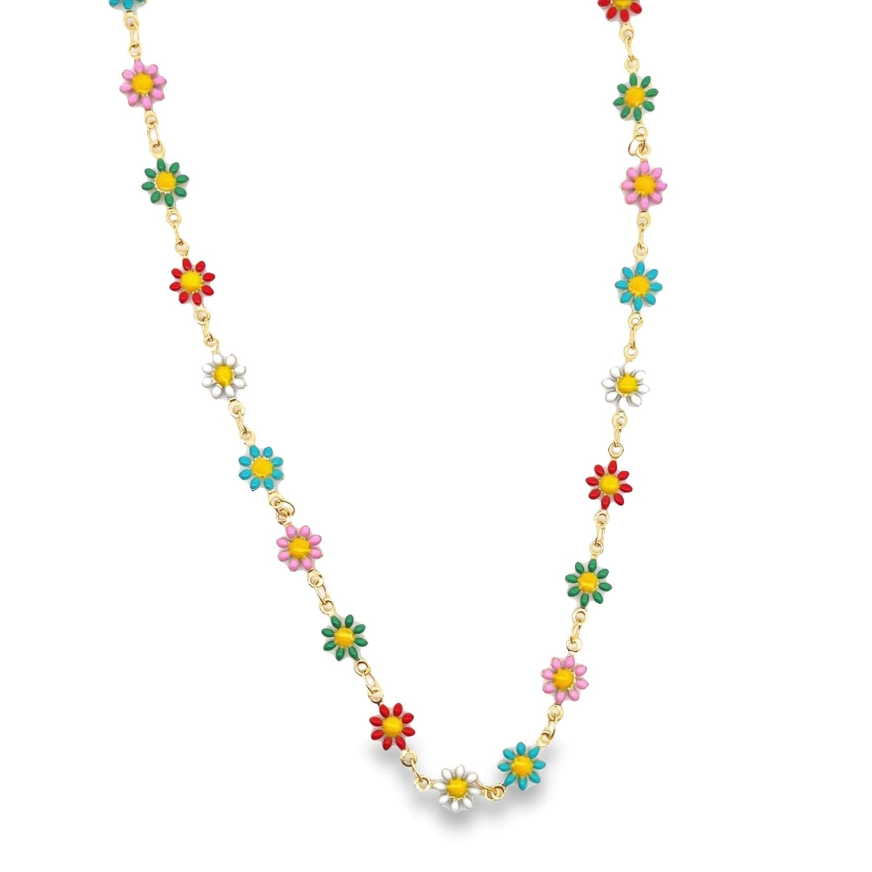 A delicate gold chain features vibrant, enamel-painted colorful daisy charms evenly spaced along its length.