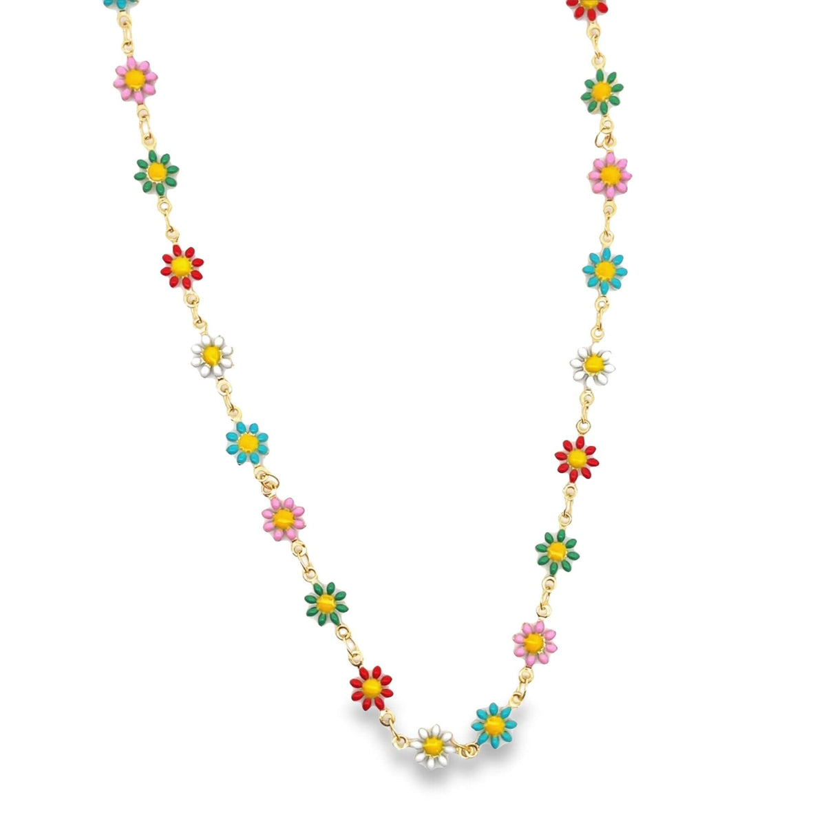 A delicate gold necklace features colorful enamel daisy charms in pink, blue, red, green, and white against a plain white background.