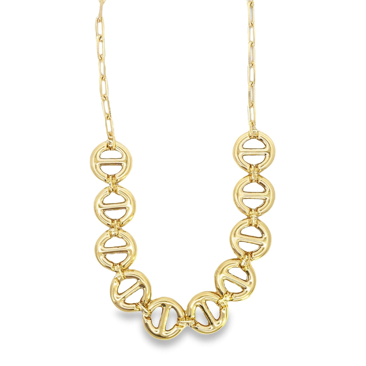 A gold chain necklace features a statement pendant made of interlocking circular link charms against a white background.