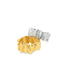 A textured gold ring rests partially underneath a shiny silver ring against a clean white background.