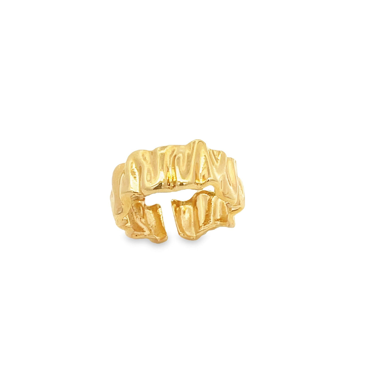 A shiny gold ear cuff features a textured, wavy surface and an open band design against a white background.