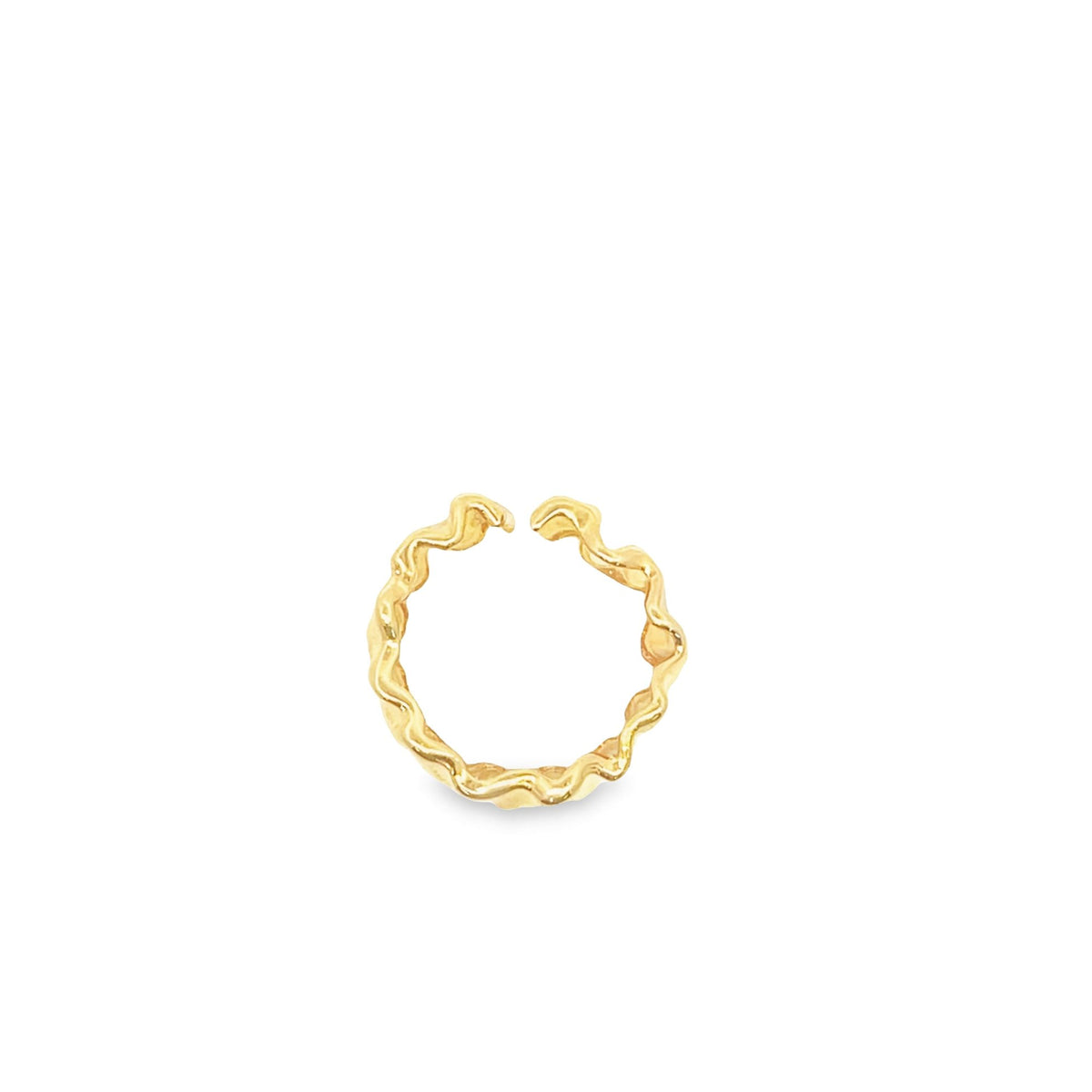A polished gold ear cuff features a unique wavy design against a plain white background.