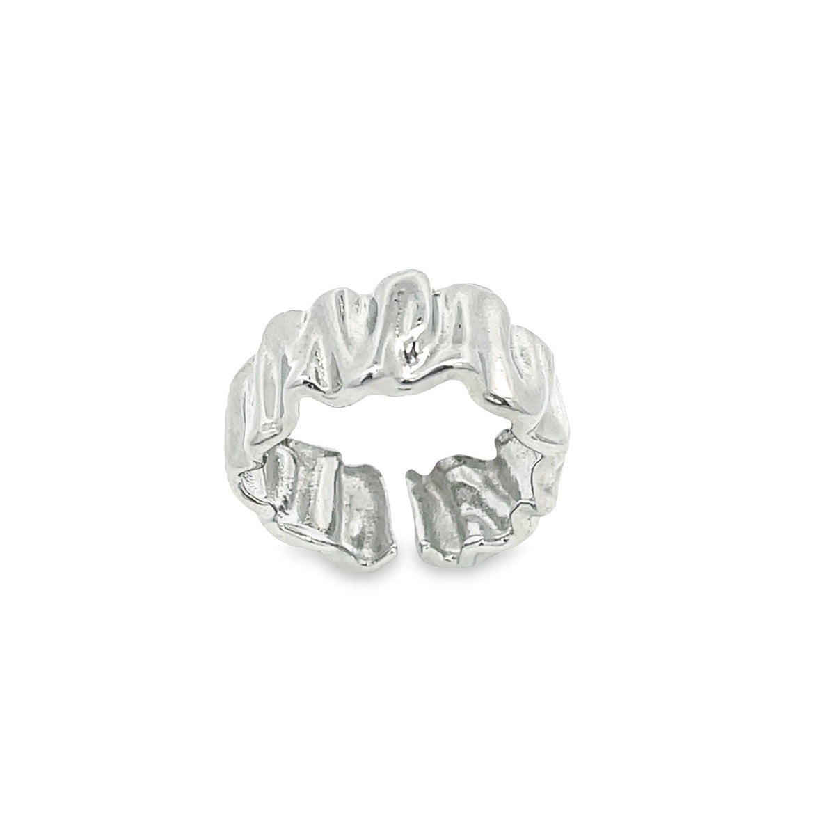 A silver, organic-textured open ring rests isolated on a pure white background.