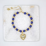 18K Gold Filled Heart Charm Gold Blue Beaded Adjustable Bracelet (I400)