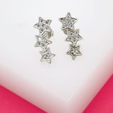 18K Rhodium Filled Three Stars Stud Earrings With CZ Cubic Zirconia Stones (L77)