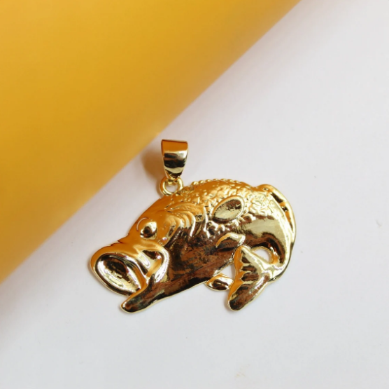 A shiny gold fish pendant rests against a white and yellow background.