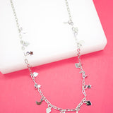 18K Rhodium Filled Round Paper Clip Chain Choker With Star, Moon, Heart Charms (G66)