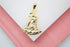 A detailed gold pendant depicting Our Lady of Aparecida rests against a soft pink and white background.