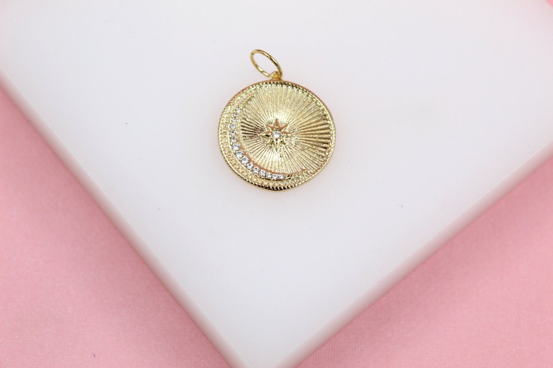 18K Gold Filled Crescent Moon Star Medallion Pendant With CZ Stones