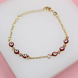 18K Gold Filled RED Evil Eye Figaro Chain Bracelet (I395)
