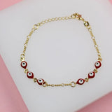 18K Gold Filled RED Evil Eye Figaro Chain Bracelet (I395)