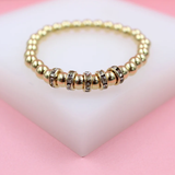 18K Gold Filled Gold Elastic Beaded Bracelet With Circular Zirconia Stone Charms (I438)