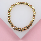 18K Gold Filled Gold Elastic Beaded Bracelet With Circular Zirconia Stone Charms (I438)